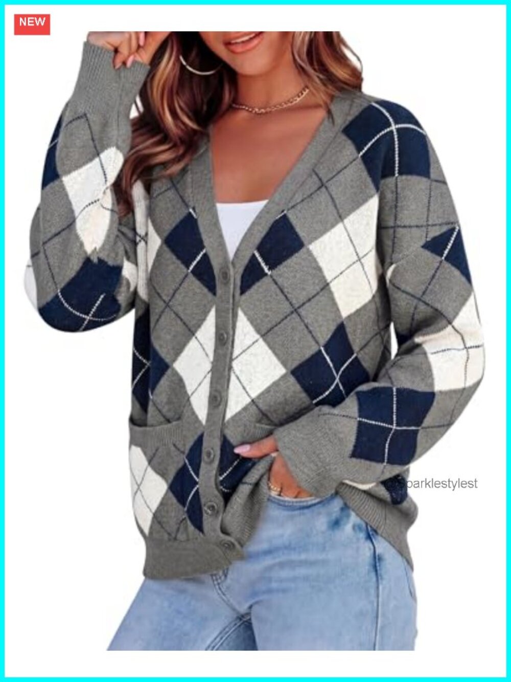 Women's Argyle Chunky Knit Cardigan Sweater with Pockets